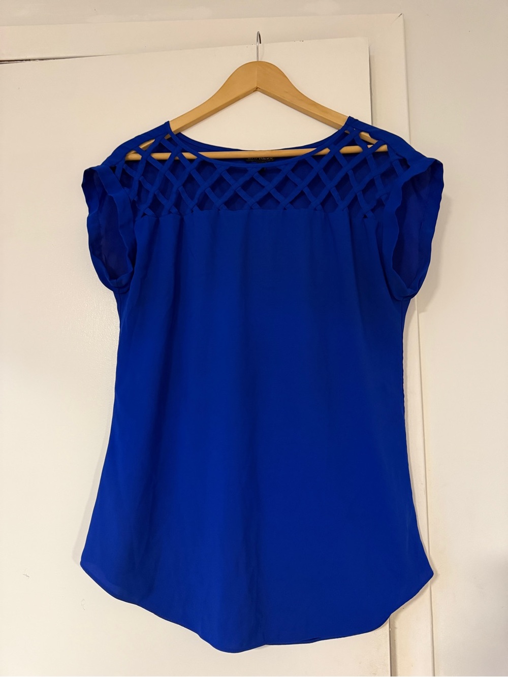 Express Lattice Yoke Short Sleeve Blouse in Royal Blue